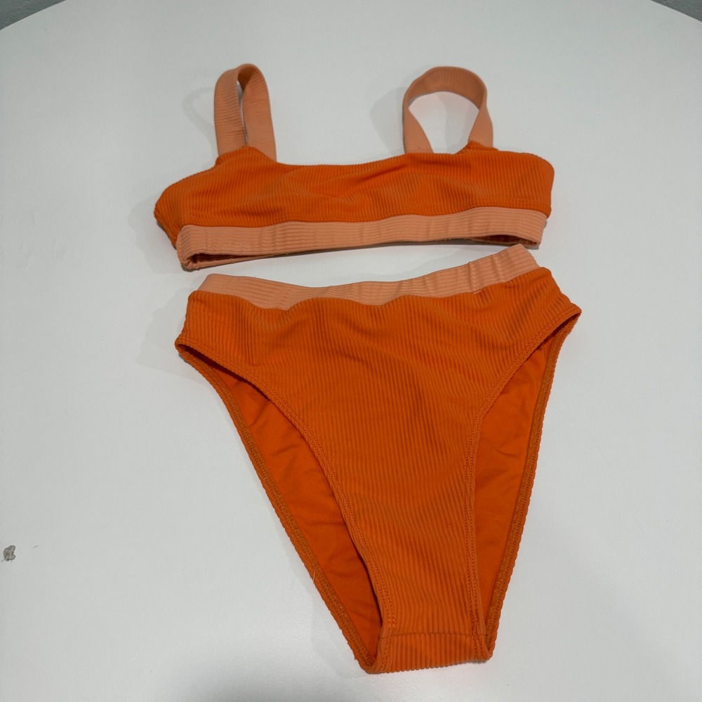 ARO Swim Orange Ribbed High Waisted Bikini Set Small Sporty Two Piece Swimsuit